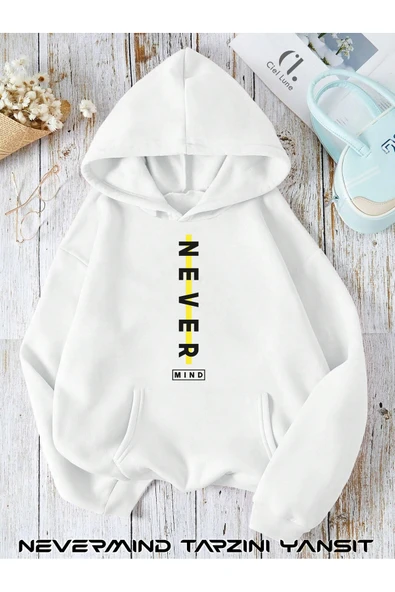 Unisex Nevermind Slogan Düz Baskılı Oversize Baskılı Kapşonlu Sweatshirt 3 Iplik ürün görseli 1