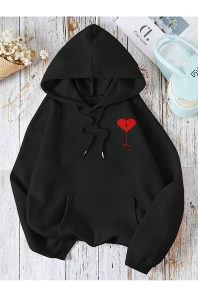 Nevermind Unisex Heart Oversize Baskılı Kapşonlu Sweatshirt 3 Iplik ürün görseli 1