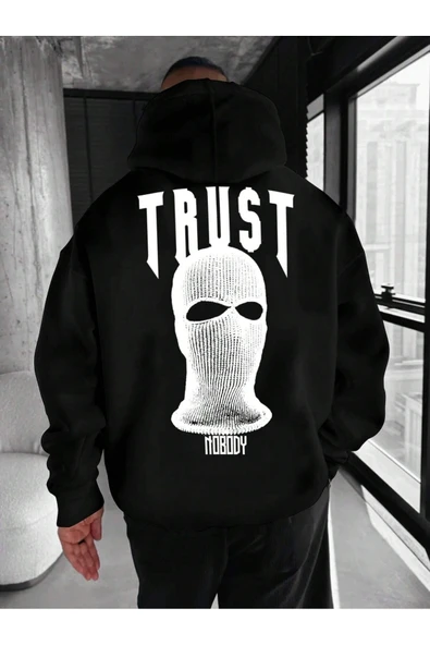 Unisex Trust No Body Baskılı Oversize Baskılı Kapşonlu Sweatshirt 3 Iplik ürün görseli 1