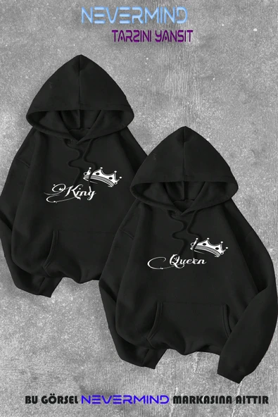 Sevgili Çift Kombini Kinq Queen Özel Baskılı Kapüşonlu Sweatshirt 2li Set Takım ürün görseli 1