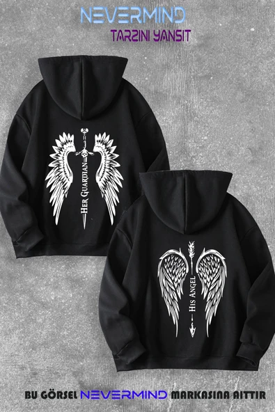 Sevgili Angel & Guardian çift kombini Baskılı Kapüşonlu Sweatshirt 2li Set Takım ürün görseli 1