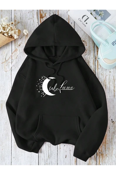 Unisex Ciel Lune Baskılı Oversize Baskılı Kapşonlu Sweatshirt 3 Iplik ürün görseli 1