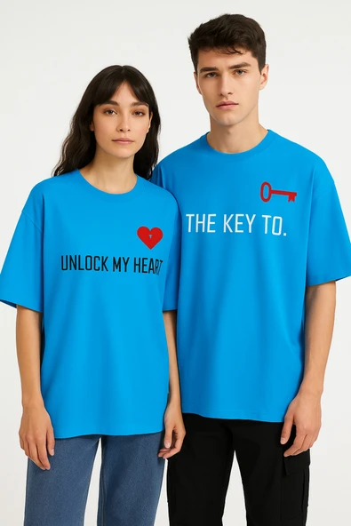 Unisex Çift Erkek Kadın Tişört 2li Set Takım – The Key To Baskılı Sevgili Kombini ürün görseli 1