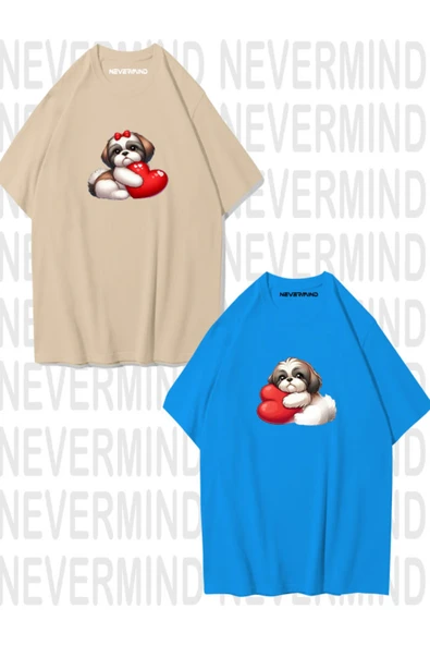 Sevgili Kombini Sevimli Köpek ve Kalp Baskılı Oversize Unisex Çift Tişörtü ürün görseli 1