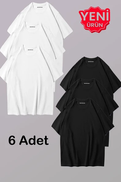 Erkek & Kadın Siyah Beyaz %100 Pamuklu 6’lı Tişört Paketi – Unisex T-Shirt ürün görseli 1