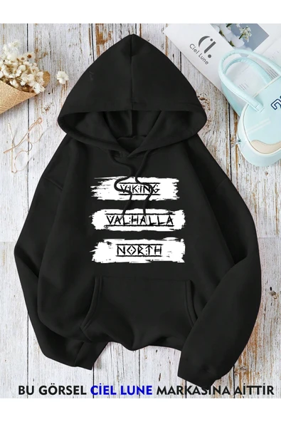Unisex Vıkıng Valhala Baskılı Oversize Baskılı Kapşonlu Sweatshirt 3 Iplik ürün görseli 1