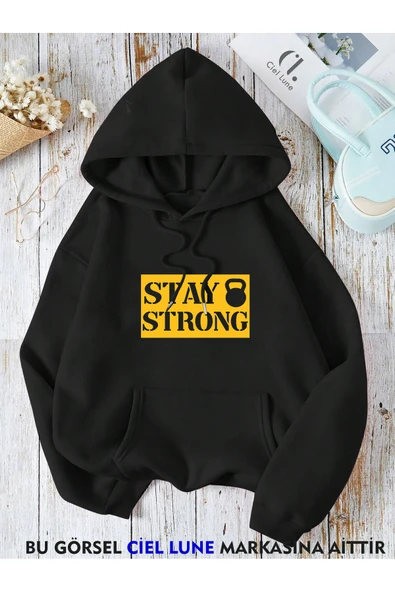 Unisex Stay Strong Baskılı Oversize Baskılı Kapşonlu Sweatshirt 3 Iplik ürün görseli 1