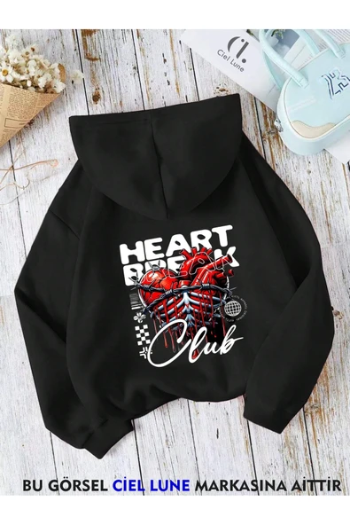 Unisex Heart Break Baskılı Oversize Baskılı Kapşonlu Sweatshirt 3 Iplik ürün görseli 1