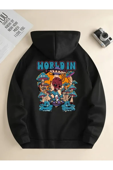 Unisex World İn Baskılı Oversize Baskılı Kapşonlu Sweatshirt 3 Iplik ürün görseli 1