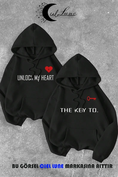 Sevgili Çift Kombin Key to Yazı Baskılı Renk Kapüşonlu Sweatshirt 2li Set Takım ürün görseli 1