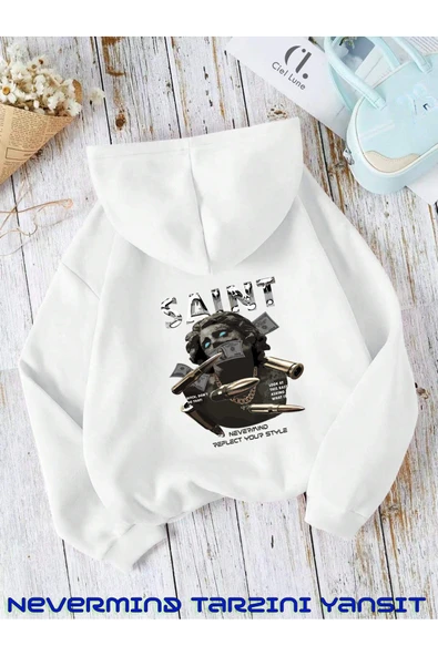 Unisex Saint Nevermind Slogan Baskılı Oversize Baskılı Kapşonlu Sweatshirt 3 Iplik ürün görseli 1