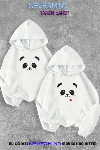 Sevgili Çift Kombini Panda Baskılı Kapüşonlu Sweatshirt 2li Set Takım ürün görseli 1