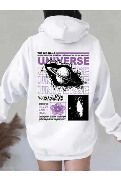 Unisex Universe Baskılı Oversize Baskılı Kapşonlu Sweatshirt 3 Iplik ürün görseli 1