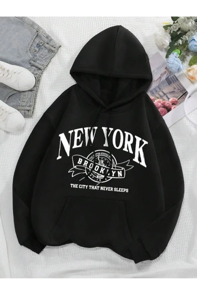 Unisex New York Baskılı Oversize Baskılı Kapşonlu Sweatshirt 3 Iplik ürün görseli 1