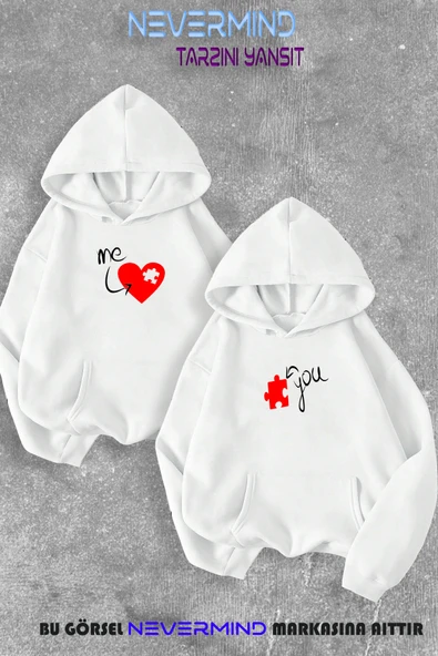 Sevgili Çift Kombini Me&You Puzzle Baskılı Kapüşonlu Sweatshirt 2li Set Takım ürün görseli 1