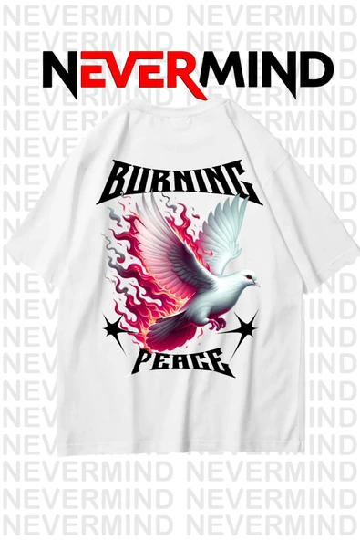 Nevermind Unisex Burning Peace Baskılı %100 Pamuk Oversize Tshirt ürün görseli 1