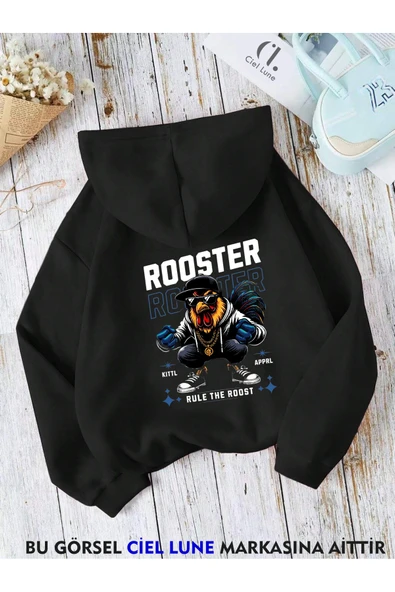Unisex Rooster Baskılı Oversize Baskılı Kapşonlu Sweatshirt 3 Iplik ürün görseli 1