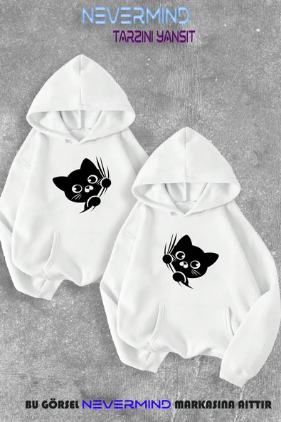 Sevgili Çift Kombini Sevimli Cat Ön Baskılı Kapüşonlu Sweatshirt 2li Set Takım ürün görseli 1