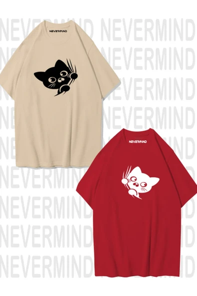 Sevimli Cat Temalı Unisex Çift Tişörtü ürün görseli 1