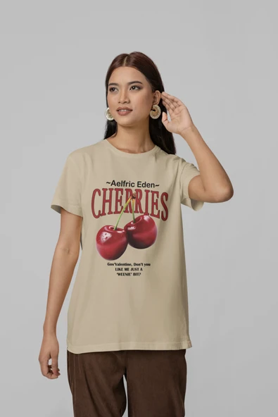 Unisex Erkek/Kadın CHERRIES Özel Baskılı Oversize Pamuklu Bisiklet Yaka T-Shirt ürün görseli 1