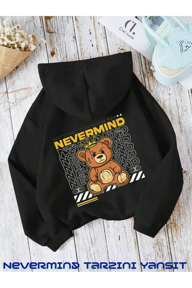 Unisex Nevermind Bear Baskılı Oversize Baskılı Kapşonlu Sweatshirt 3 Iplik ürün görseli 1