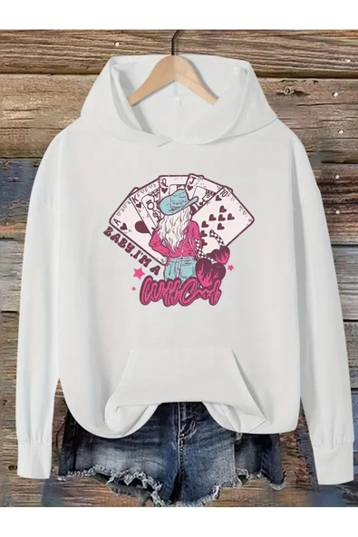 Unisex Card Desen Baskılı Oversize Baskılı Kapşonlu Sweatshirt 3 Iplik ürün görseli 1