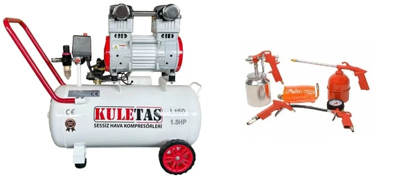 Kuletaş 50 Lt 1.5 Hp Sessiz Yağsız Hava Kompresörü + 5li Havalı Alet Seti ürün görseli 1