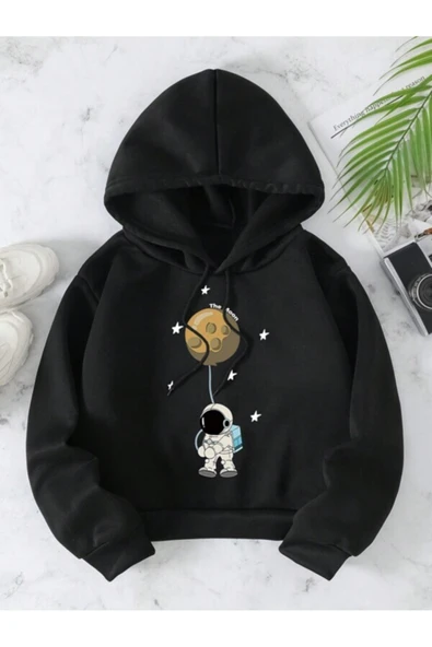 Unisex Astronot Baskılı Büzgülü Termal Astarlı Kapüşonlu Oversize 2 iplik ürün görseli 1