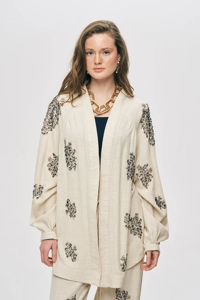 Kadın Boncuk İşlemeli Pamuk-Keten Natur Oversize Kimono ürün görseli 1