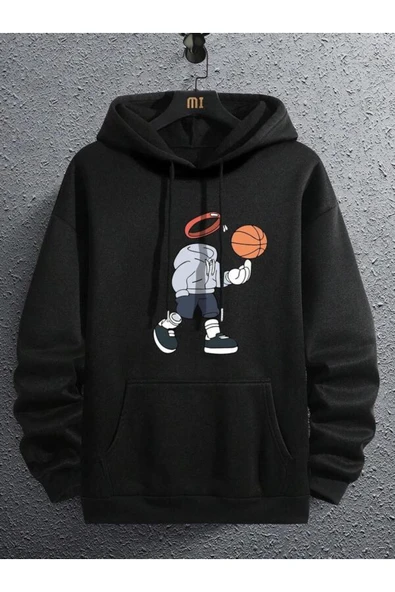 Unisex Basketbol Karikatür Grafik Kanguru Cep İpli Termal Kapşonlu Oversize 2 iplik ürün görseli 1