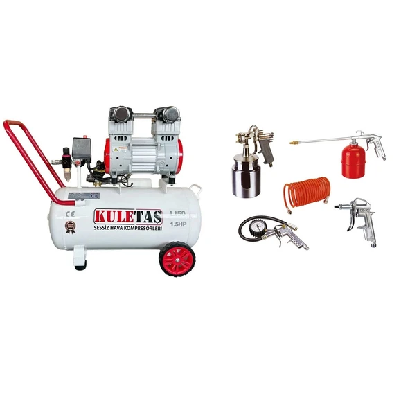 Kuletaş 50 Lt 1.5 Hp Sessiz Yağsız Hava Kompresörü + 5li Havalı Alet Seti ürün görseli 1