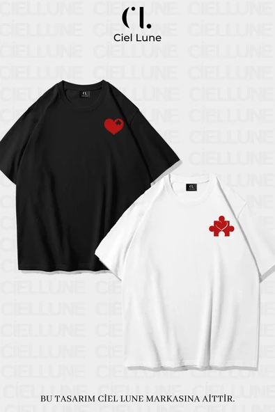 Unisex Kadın Erkek Heart Puzzle Baskılı Sevgili Çift Kombini Tasarım Oversize T-shirt 2'li Set ürün görseli 1
