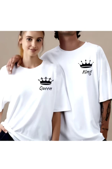 Unisex Kadın Erkek King&Queen Baskılı Sevgili Çift Kombini Tasarım Oversize T-shirt 2'li Set ürün görseli 1