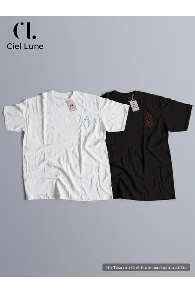 Unisex Ateş ve Su Baskılı Sevgili Çift Kombini Tasarım Oversize Tshirt 2li ürün görseli 1