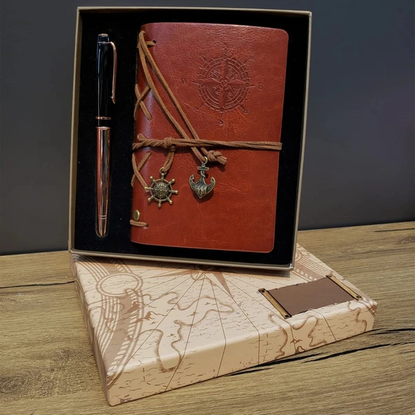Deri Pusula Tasarımlı Defter Ve Metal Kalem Seti ürün görseli 1