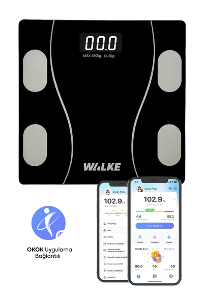 WALKE Premium Uygulama Bağlantılı Akıllı Baskül Siyah ürün görseli 1