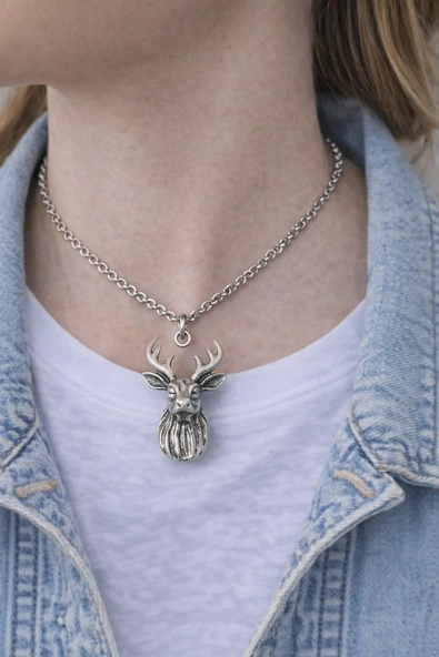 Forest Stag – Geyik Figürlü Eskitme Gümüş Renk Unisex Kolye ürün görseli 1