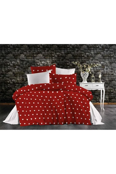 Çİft Kişilik Nevresim Takımı Yorgan Kılıfı %70 Pamuklu kalp Desen + Lastikli Çarşaf+2 Yastık Kılıfı ürün görseli 1