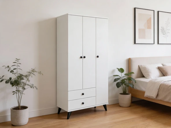Dienni Simple Gardırop 5 Raflı 2 Çekmeceli Tek Askılı 90x44x176 BEYAZ ürün görseli 1