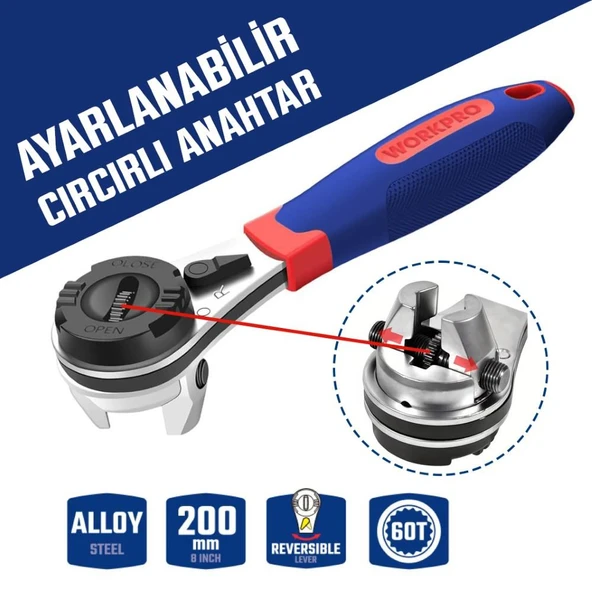 WORKPRO WP272063 7-22mm CR-V Profesyonel Ayarlanabilir 200mm Cırcır Anahtar ürün görseli 1