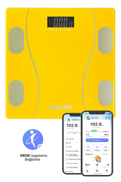 WALKE Premium Uygulama Bağlantılı Akıllı Baskül Sarı ürün görseli 1