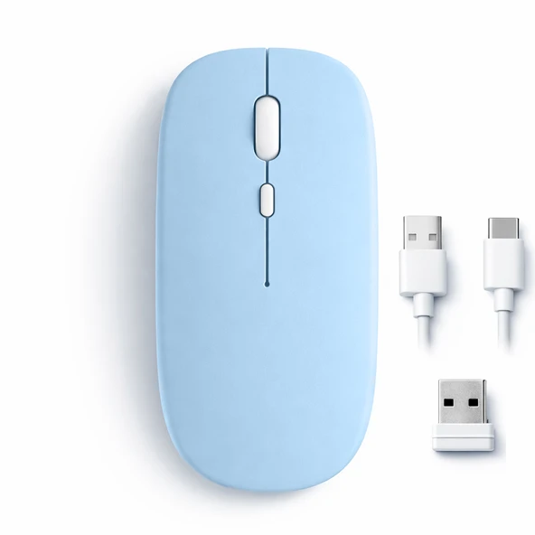 Mac iPad PC Tablet Uyumlu Mouse Şarjlı Batarya Sessiz Tıklama USB Dongle ve Kablo Dahil  Mavi ürün görseli 1