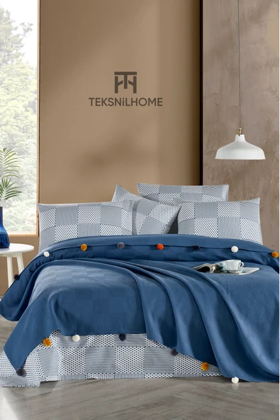 TeksNil Home %100 Pamuk İndigo Ponponlu Pike Takımı 3 Parça (Pike,Çarşaf,Yastık Kılıfı) ürün görseli 1
