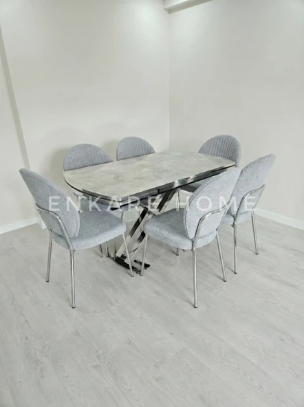 X Ayaklı Gloss Masa & Midye Sandalye - 6 Sandalye 1 Masa - 80x130-190 cm ürün görseli 1
