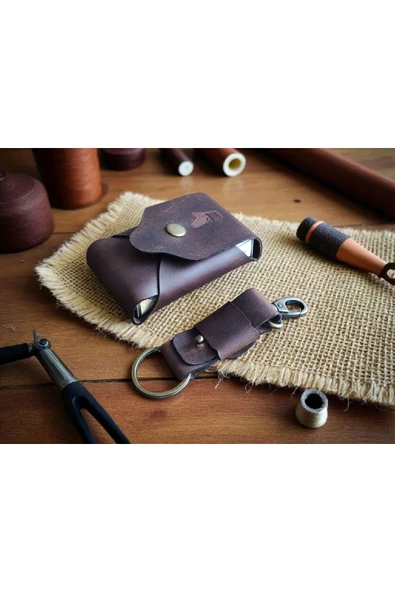 sumerianwallet Minimalist Kılıf Deri Oval Kahverengi anahtarlık Hediye ürün görseli 1