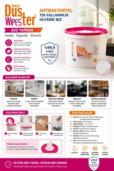 Only Antibakteriyel Tek Kullanımlık Hijyenik Bez Duster Wipes 450 Yaprak ürün görseli 1
