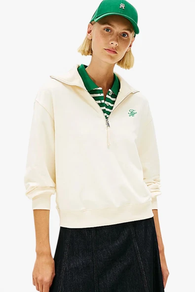 Tommy Hilfiger   TH SCRIPT HALF ZIP TERRY SWTSHRT Kadın Bej Sweatshirt - WW0WW49470 ürün görseli 1