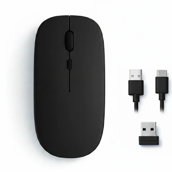Mac iPad PC Tablet Uyumlu Mouse Şarjlı Batarya Sessiz Tıklama USB Dongle ve Kablo Dahil  Siyah ürün görseli 1
