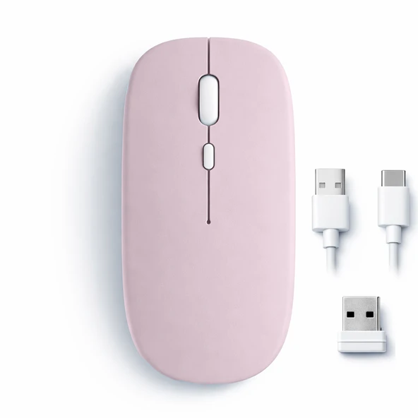 Mac iPad PC Tablet Uyumlu Mouse Şarjlı Batarya Sessiz Tıklama USB Dongle ve Kablo Dahil  Pembe ürün görseli 1