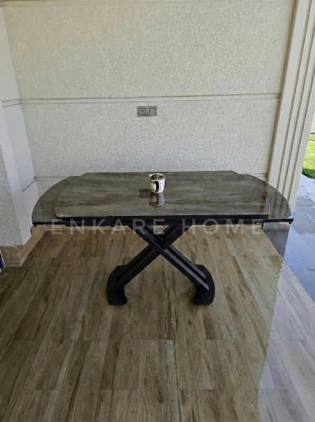 X Ayaklı Gloss Mutfak Masası - İrony Desen Siyah Ayak - 80x130 cm - 190 cm Açılabilir ürün görseli 1